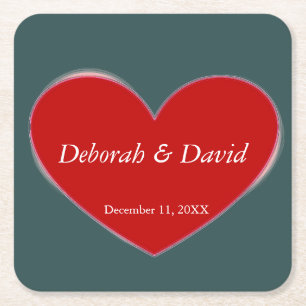 Red Heart Slate Grey Script Wedding Square Paper Coaster