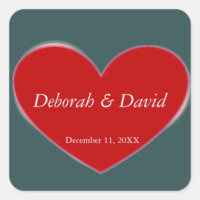Red Heart Slate Grey Script Wedding Square Sticker (Front)