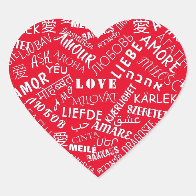 Red Heart Stickerwith Love Text Multilingual Gift Heart Sticker (Front)