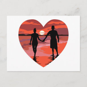 Red Heart Sunset Beach Holding Hands Postcard