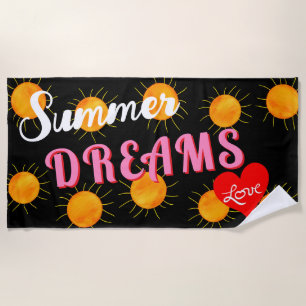 Red Heart Sunset Summer Dreams Black Beach Towel