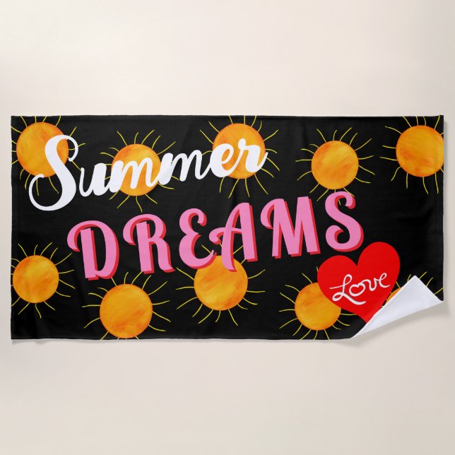 Red Heart Sunset Summer Dreams Black Beach Towel (Front)