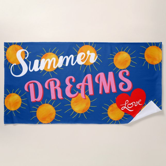 Red Heart Sunset Summer Dreams Blue Beach Towel (Front)