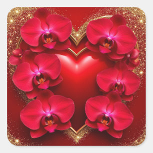 Red Heart Surrounded by Elegant Orchids Square Sticker