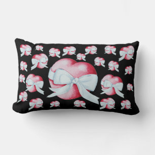 red heart tied with white ribbon bow lumbar pillow