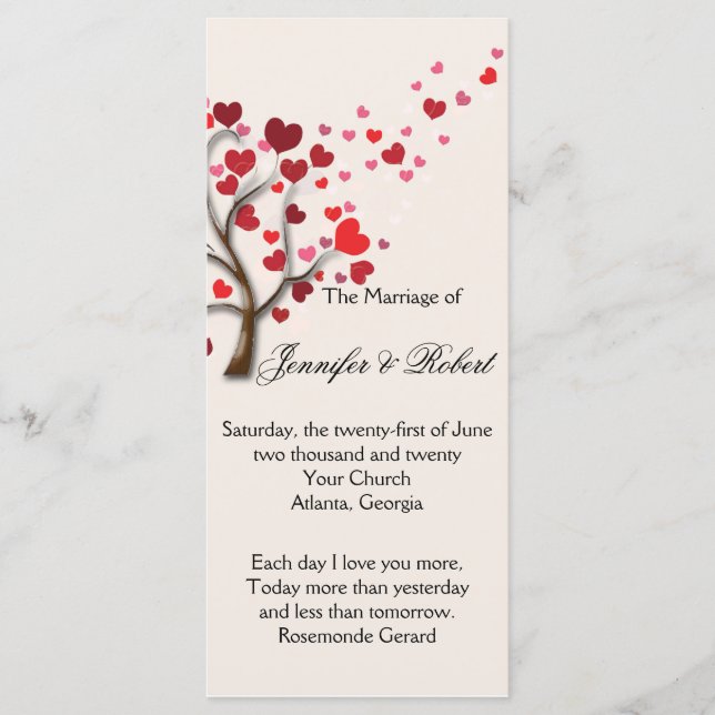 Red Heart Tree on Ivory Wedding Program (Front)
