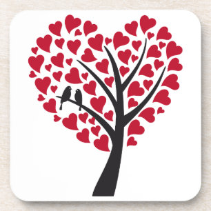 Red heart tree with love birds coaster