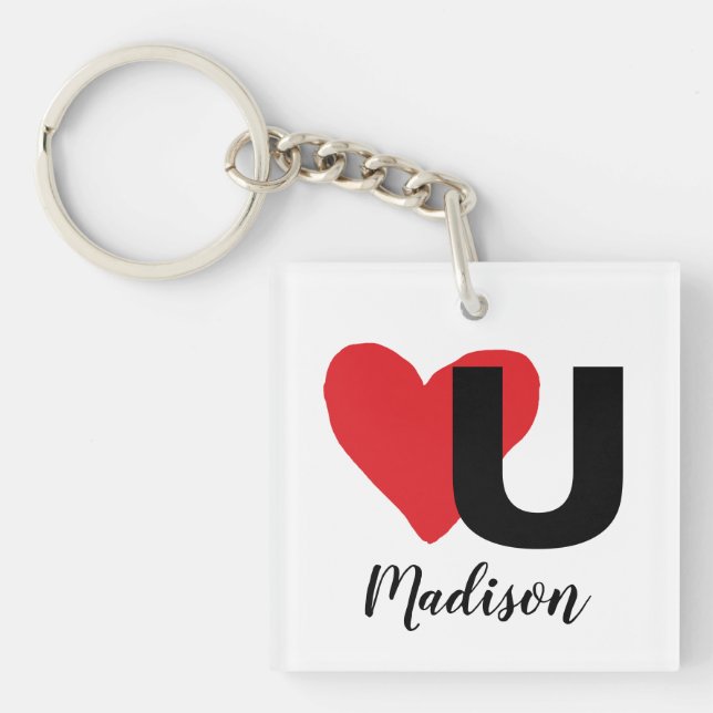 Red Heart U Love Valentine's Day Black Typography Keychain (Front)