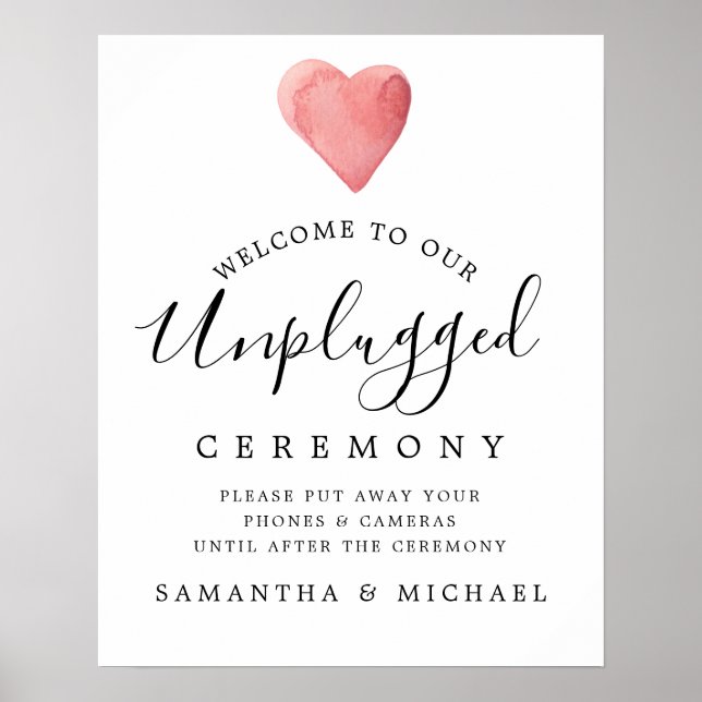 Red Heart Unplugged Wedding Ceremony Sign (Front)