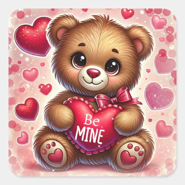 Red Heart Valentine Teddy Bear Birthday Party Square Sticker (Front)