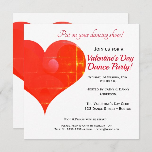 Red Heart Valentine's Day Dance Party Invitation (Front/Back)