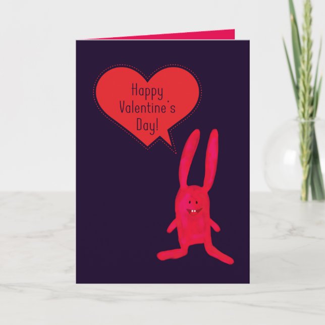 Red Heart, Whimsical Rabbit Valentine's Day Card (Front)