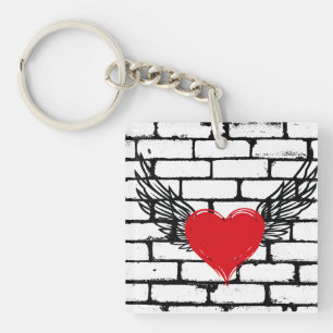 Red Heart with angel wings on a brick wall Keychain