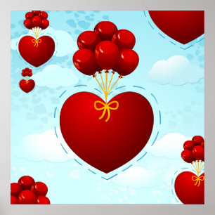 Red heart with balloons, poster