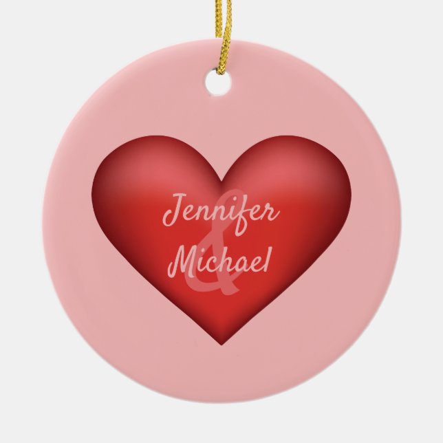 Red Heart With Custom Names Of A Couple Ceramic Ornament (Front)