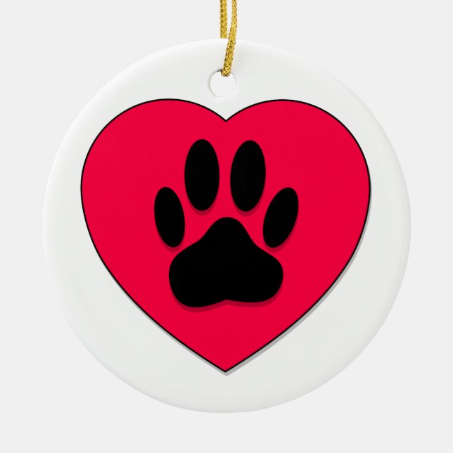 Red Heart With Dog Paw Print Ceramic Ornament (Front)