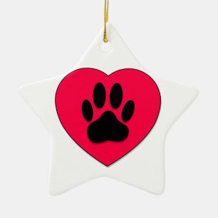 Red Heart With Dog Paw Print Ceramic Ornament