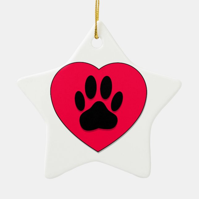 Red Heart With Dog Paw Print Ceramic Ornament (Front)