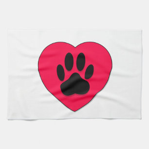 Red Heart With Dog Paw Print Kitchen Towel