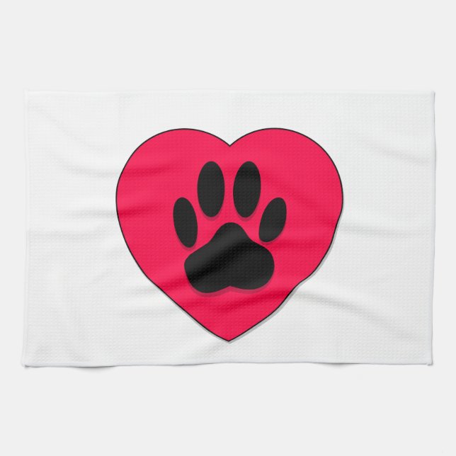 Red Heart With Dog Paw Print Kitchen Towel (Horizontal)