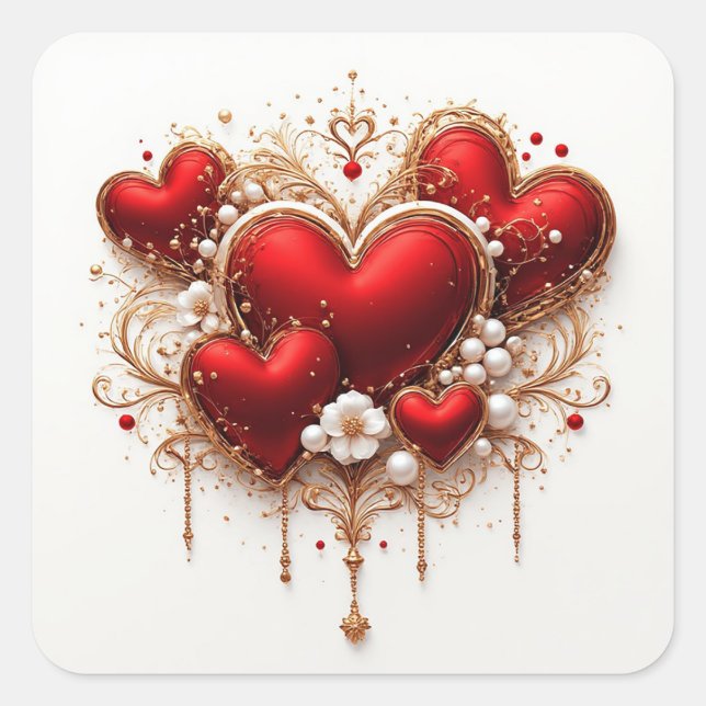 Red Heart With Gold Floral Frame❤️ Square Sticker (Front)