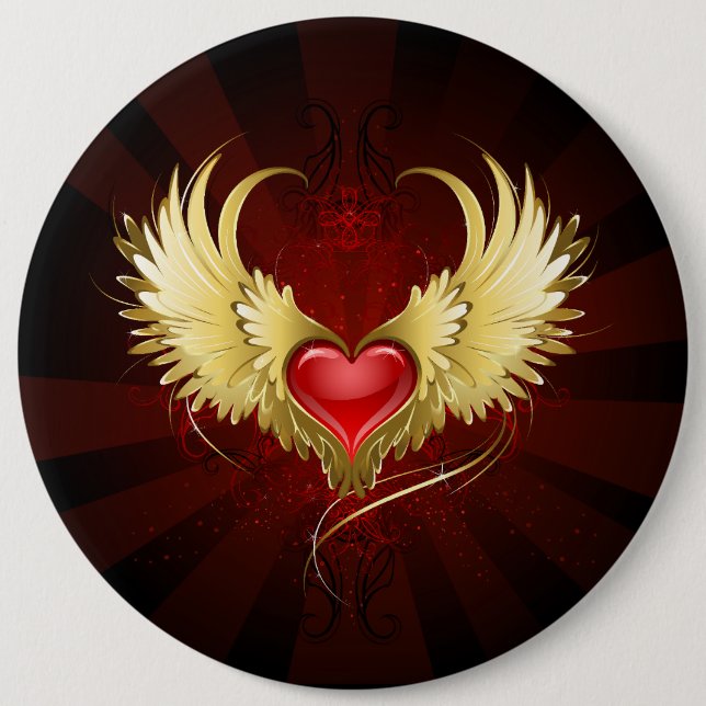 Red Heart with Golden Wings 6 Inch Round Button (Front)