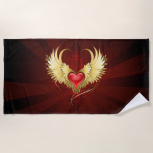 Red Heart with Golden Wings Beach Towel