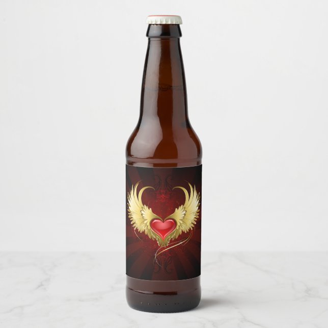 Red Heart with Golden Wings Beer Bottle Label (Front)