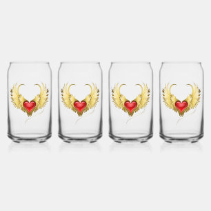 Red Heart with Golden Wings Can Glass