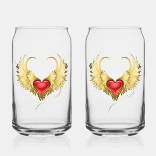 Red Heart with Golden Wings Can Glass