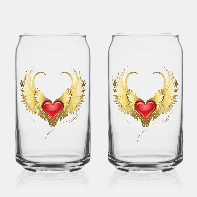 Red Heart with Golden Wings Can Glass (Front)