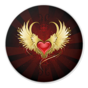 Red Heart with Golden Wings Ceramic Knob