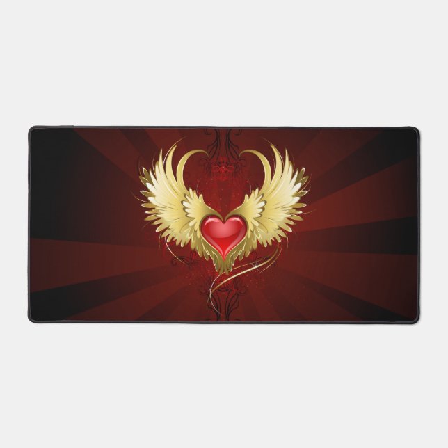 Red Heart with Golden Wings Desk Mat (Front)