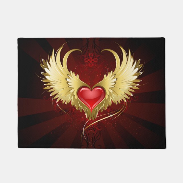 Red Heart with Golden Wings Doormat (Front)