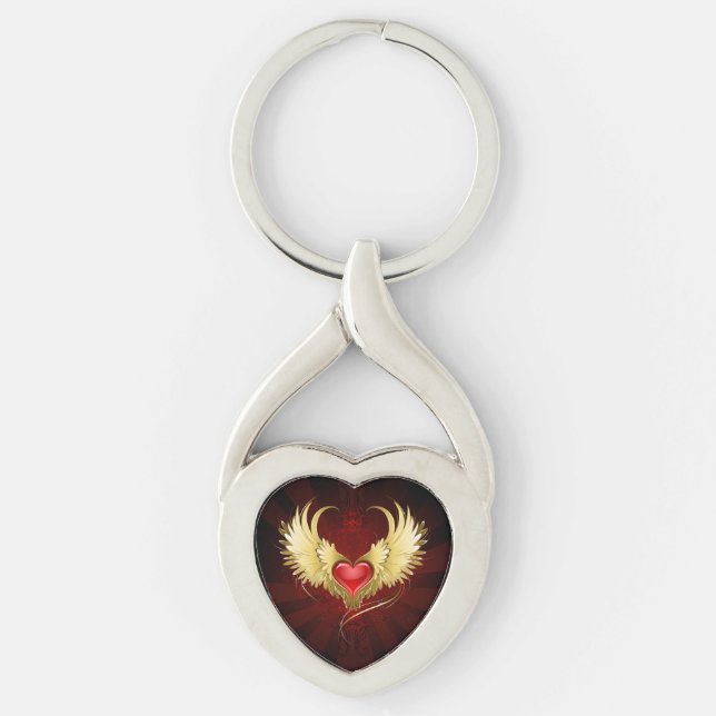 Red Heart with Golden Wings Keychain (Front)