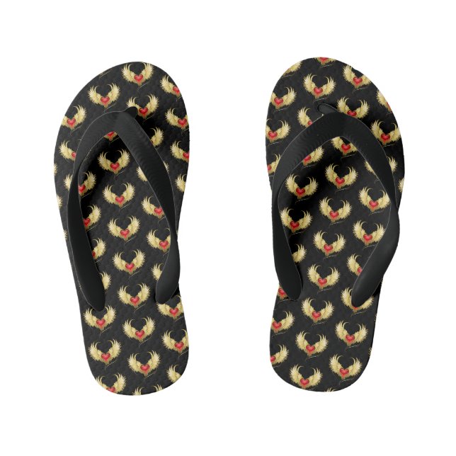 Red Heart with Golden Wings Kid's Flip Flops (Footbed)