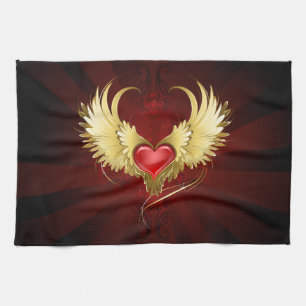 Red Heart with Golden Wings Kitchen Towel