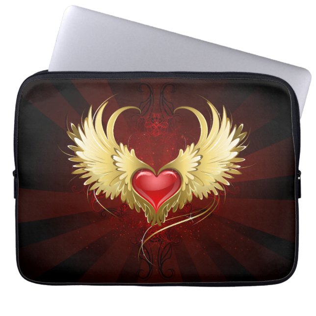 Red Heart with Golden Wings Laptop Sleeve (Front)
