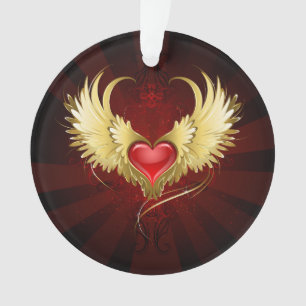 Red Heart with Golden Wings Ornament