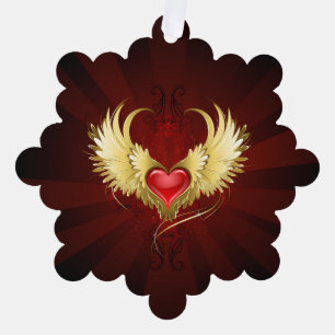 Red Heart with Golden Wings Ornament Card