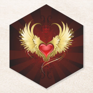 Red Heart with Golden Wings Paper Coaster