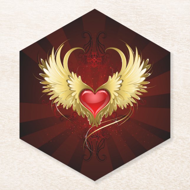 Red Heart with Golden Wings Paper Coaster (Front)