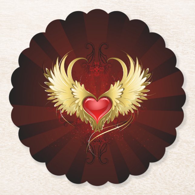 Red Heart with Golden Wings Paper Coaster (Front)