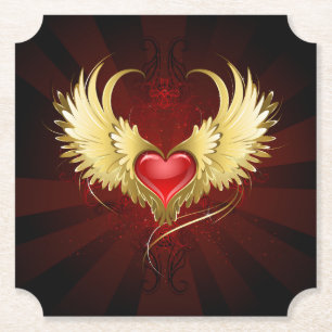 Red Heart with Golden Wings Paper Coaster
