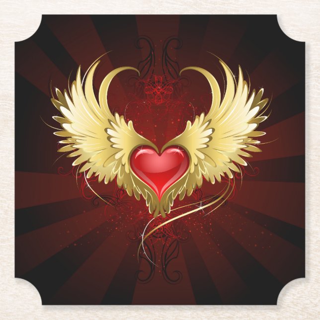 Red Heart with Golden Wings Paper Coaster (Front)