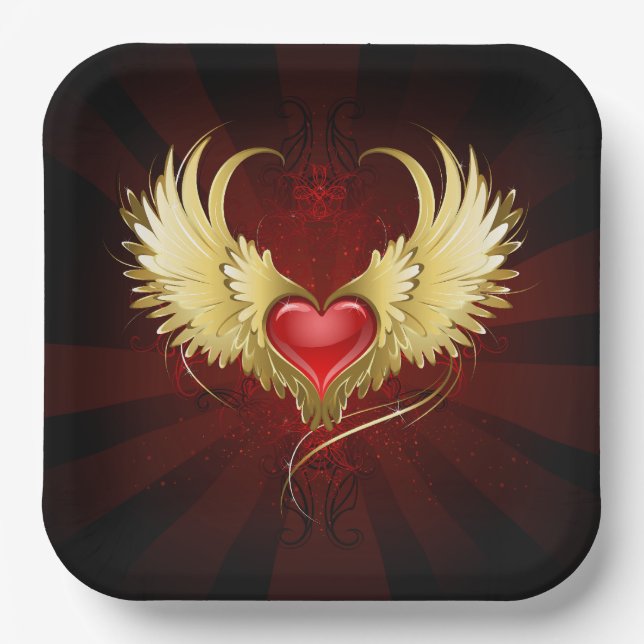 Red Heart with Golden Wings Paper Plate (Front)