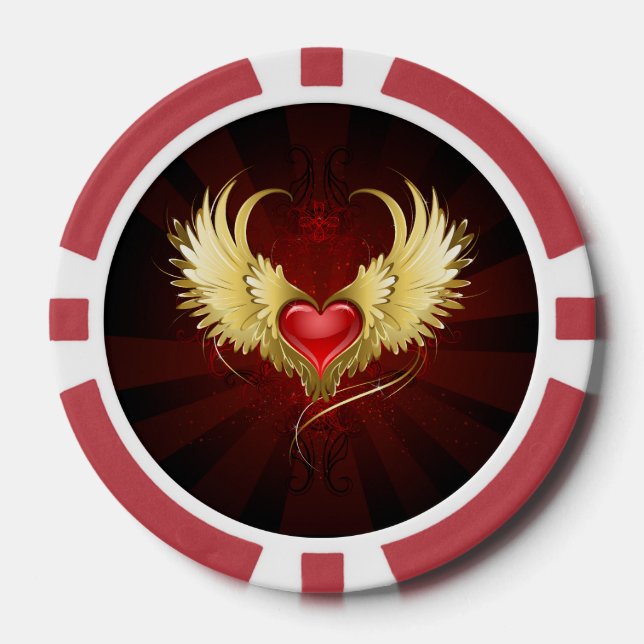 Red Heart with Golden Wings Poker Chips (Front)