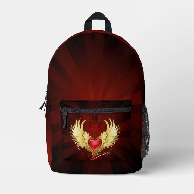 Red Heart with Golden Wings Printed Backpack (Front)