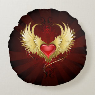 Red Heart with Golden Wings Round Pillow