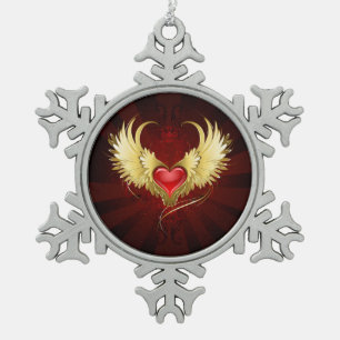Red Heart with Golden Wings Snowflake Pewter Christmas Ornament